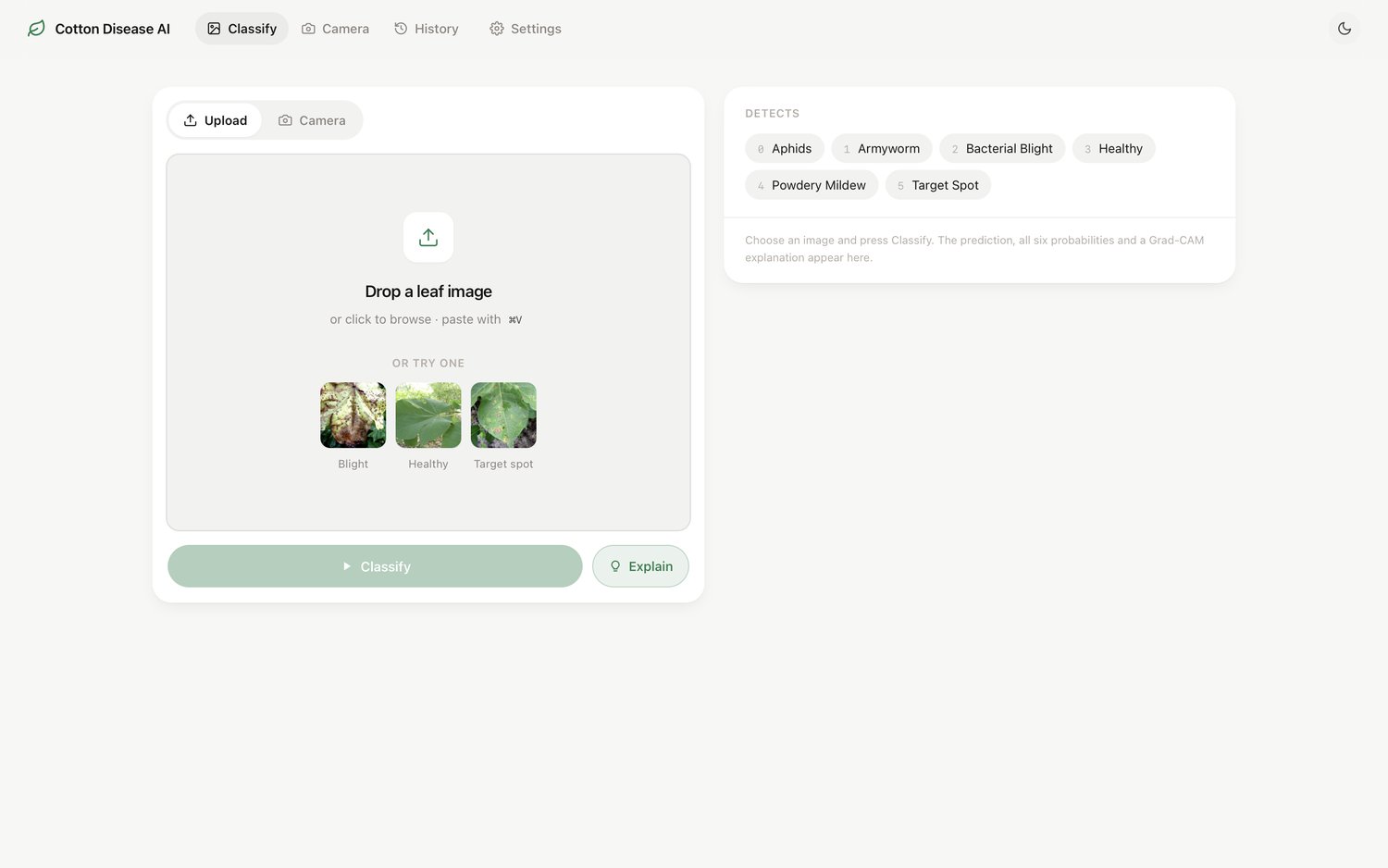 Cotton Disease AI classify screen with upload area, three sample leaves and the six detectable classes listed